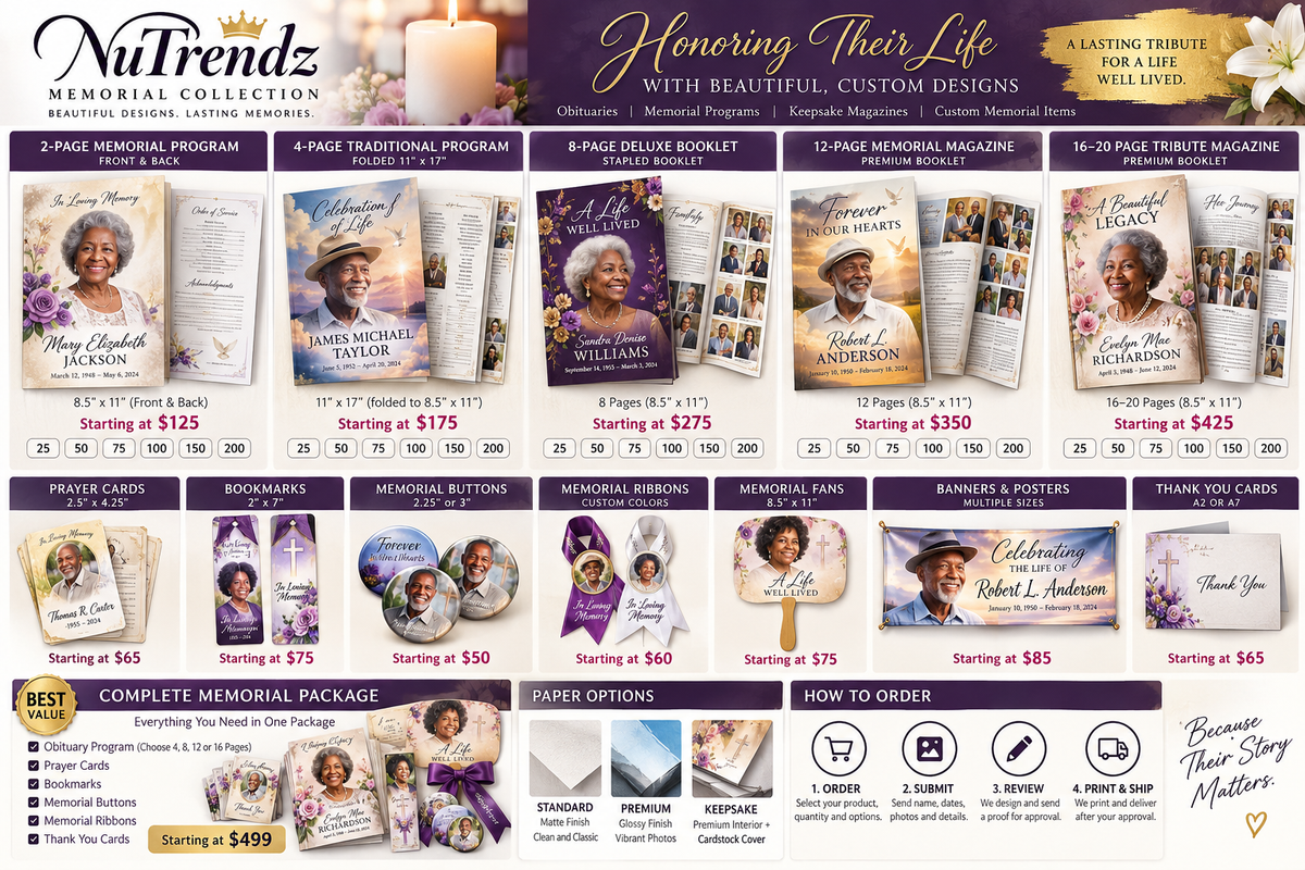 NuTrendz Memorial Collection obituary programs, tribute magazines and memorial keepsakes guide